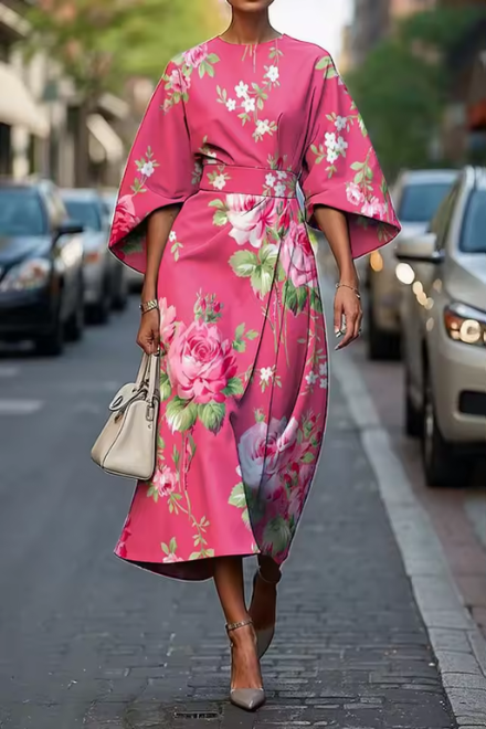 Women's Elegant Wedding Guest Floral Belted Dress | Midi