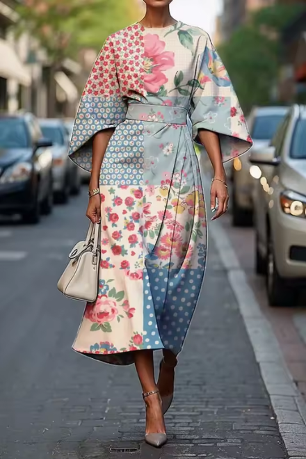 Women's Elegant Wedding Guest Floral Belted Dress | Midi