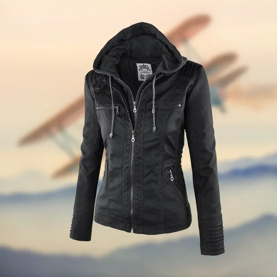 Women's Full Zip Hooded Leather Jacket | Winter