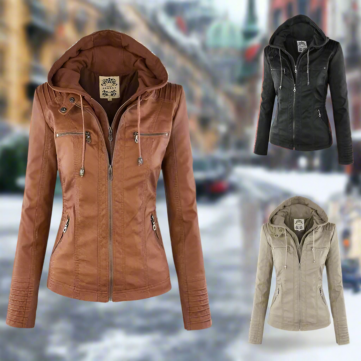 Women's Full Zip Hooded Leather Jacket | Winter