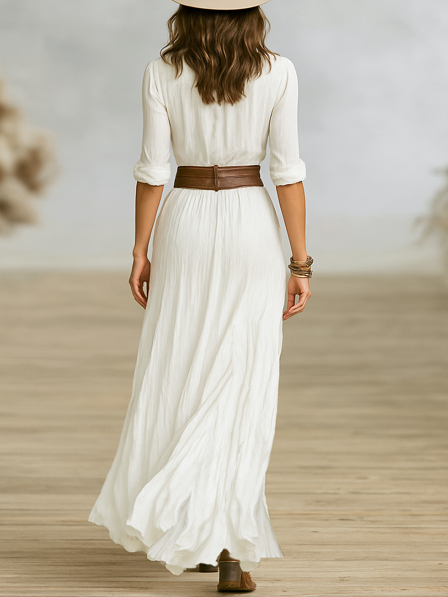 Women's Boho Chique Belted Button Up Collared Shirt Dress | Maxi