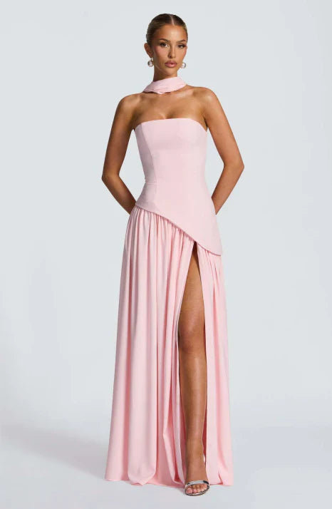 Women's Strapless Side Slit Wedding Guest Dress | Maxi