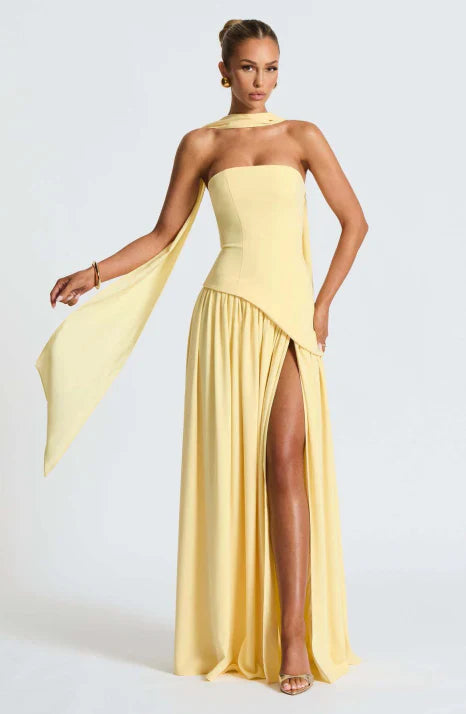 Women's Strapless Side Slit Wedding Guest Dress | Maxi