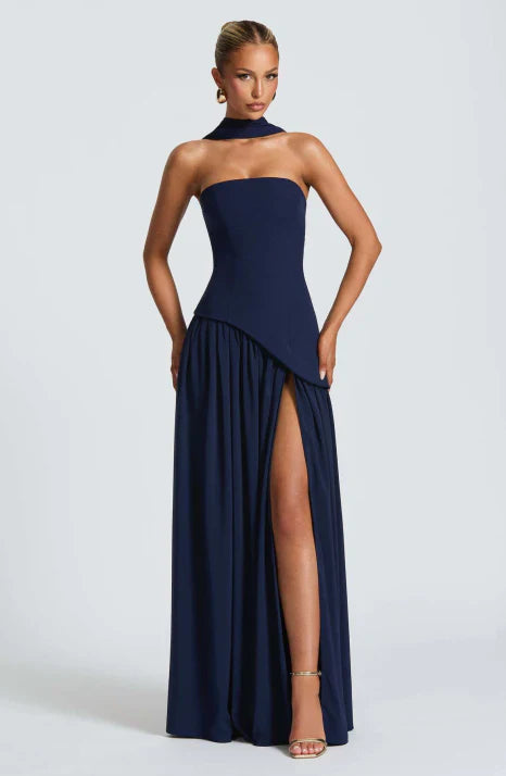Women's Strapless Side Slit Wedding Guest Dress | Maxi