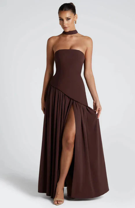 Women's Strapless Side Slit Wedding Guest Dress | Maxi