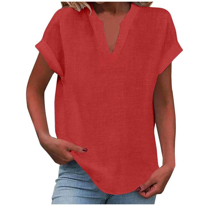 Women's Relaxed Fit Notch V-Neck Blouse | Short Sleeve
