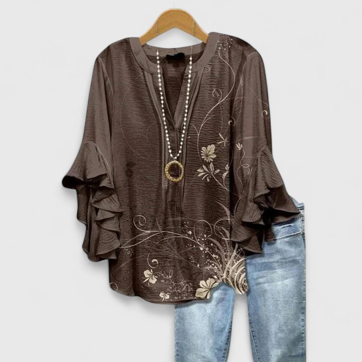 Women's Loose V-Neck Summer Blouse | Long-Sleeve