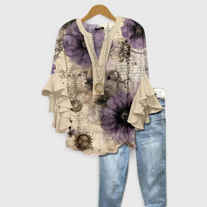 Women's Loose V-Neck Summer Blouse | Long-Sleeve