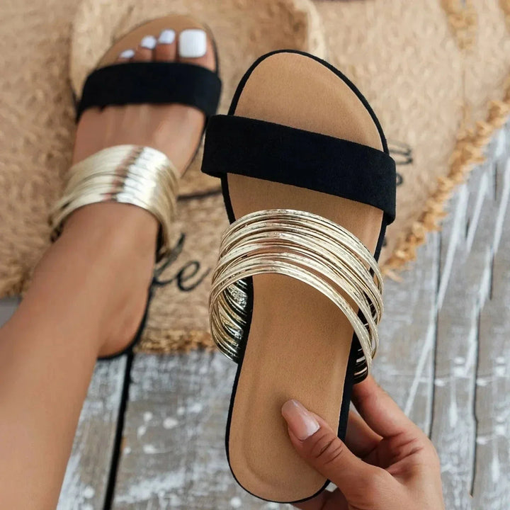 Women's Flat Sole Orthopedic Multi-Strap Slide Sandals | Slip On