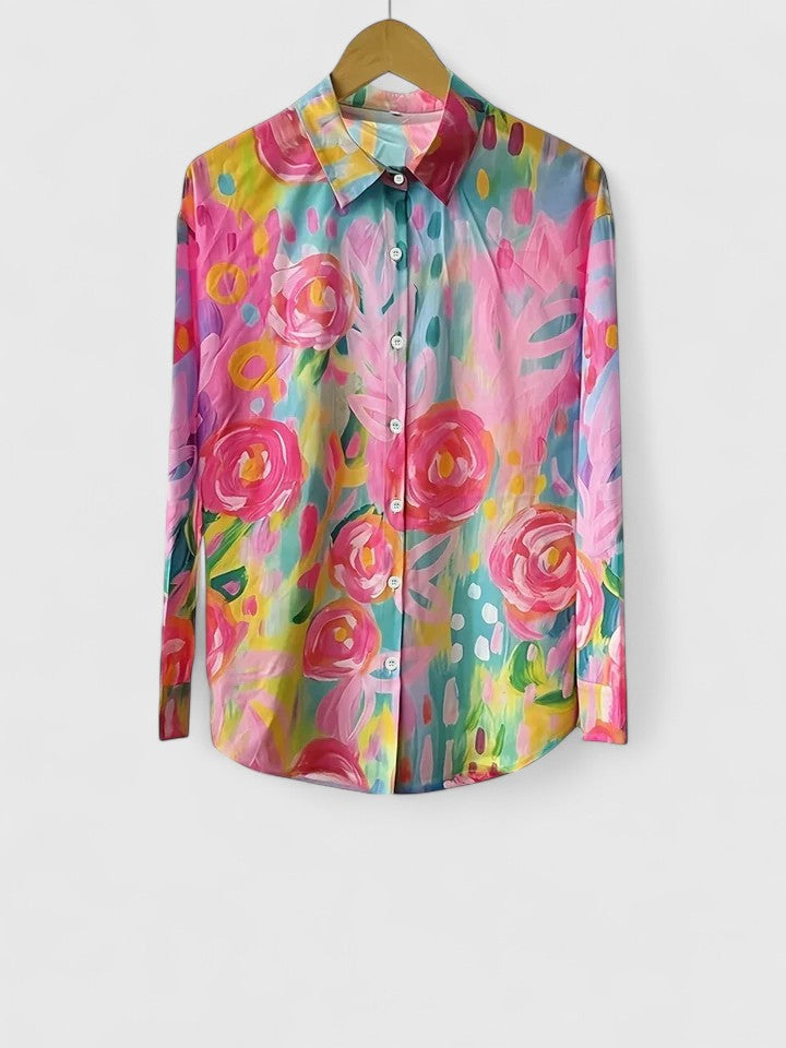 Women's Colorful Summer Collared Blouse | Long Sleeve