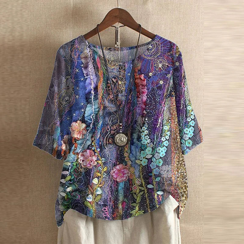 Women's Vintage Button Detail Floral Blouse | Three Quarter Sleeves