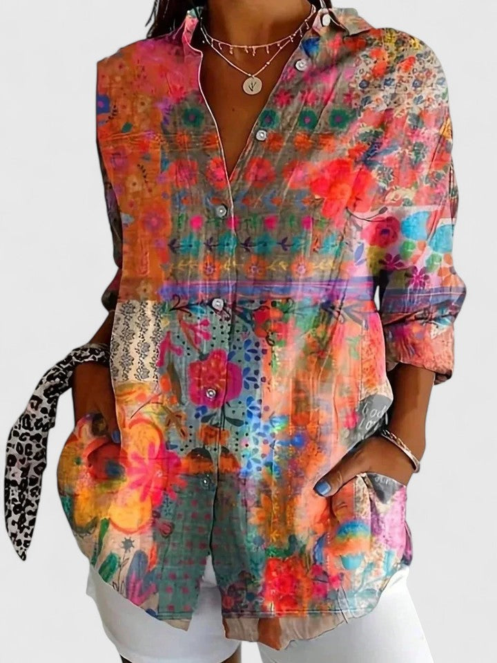 Women's Colorful Summer Collared Blouse | Long Sleeve