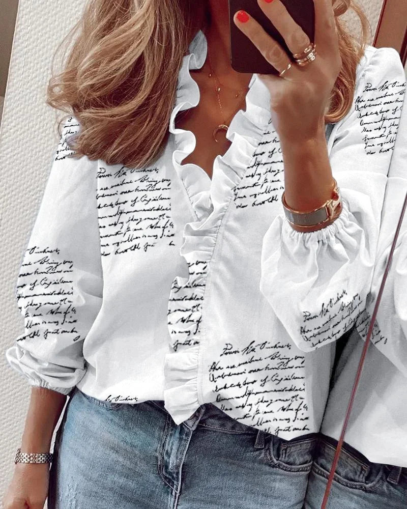 Women's Elegant Ruffle Neck Blouse | Long Sleeves