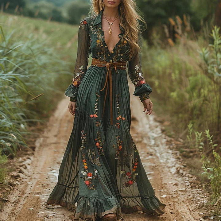 Women's Vintage Floral V Neck Dress with Belt | Maxi