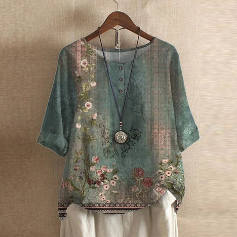 Women's Vintage Button Detail Floral Blouse | Three Quarter Sleeves