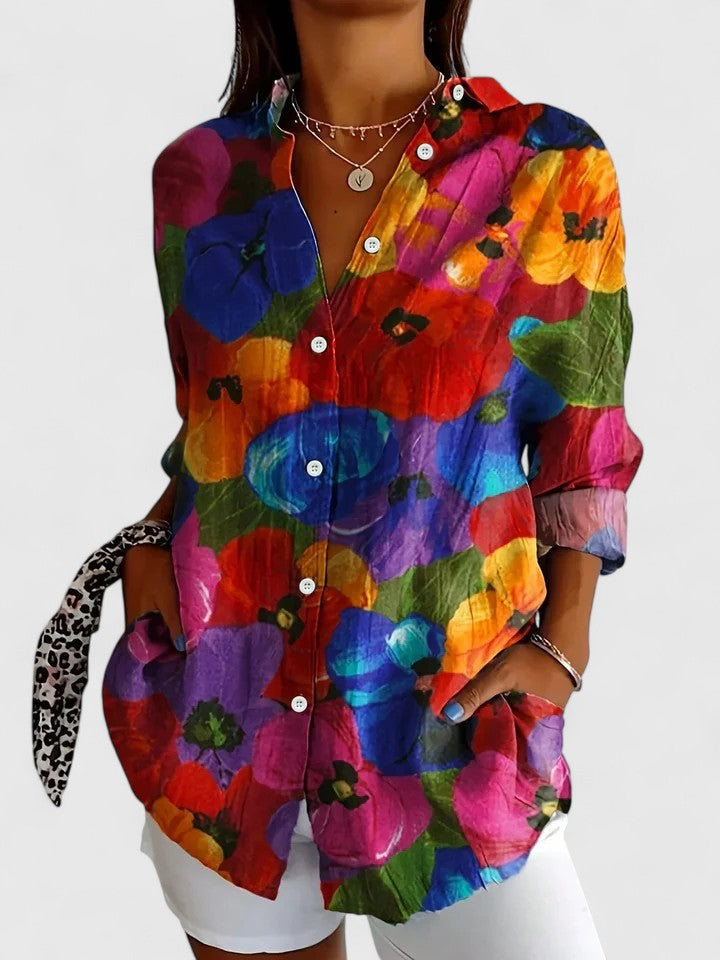 Women's Colorful Summer Collared Blouse | Long Sleeve