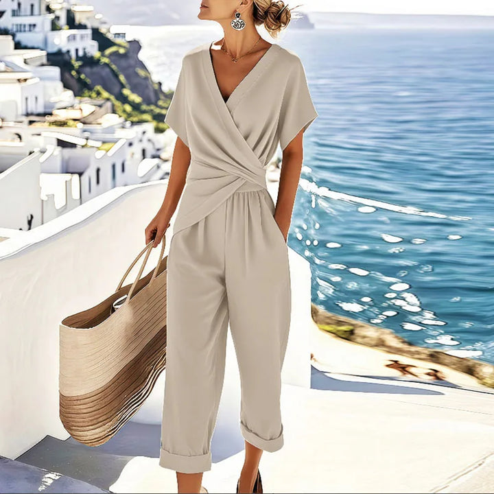 Women's Beach Summer V-Neck Wrap Blouse and Cropped Trouser Set | Two Piece
