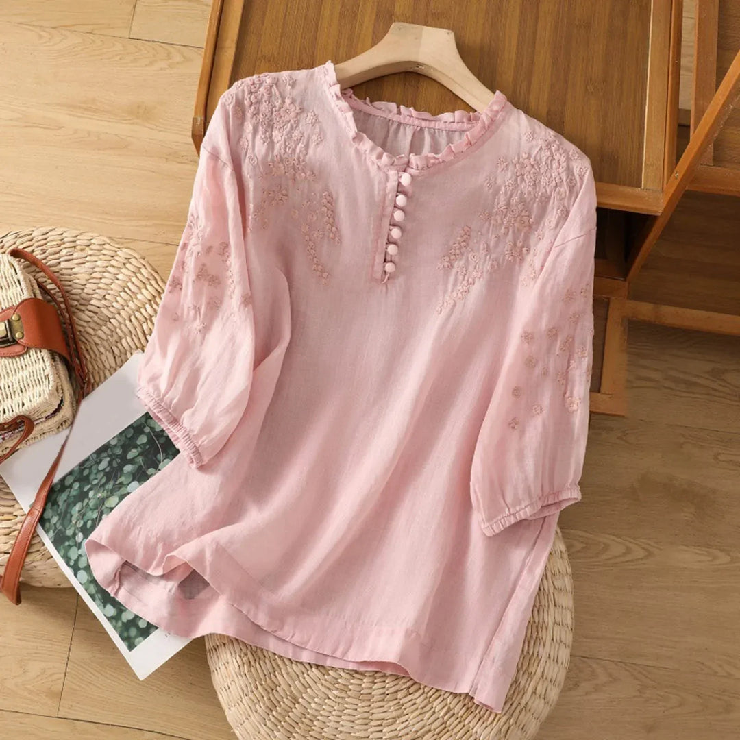 Women's Floral Button-Front Neck Loose Blouse | Three Quarter Sleeves