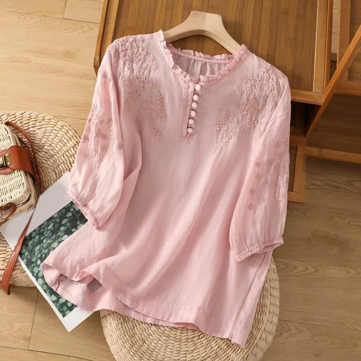 Women's Floral Button-Front Neck Loose Blouse | Three Quarter Sleeves