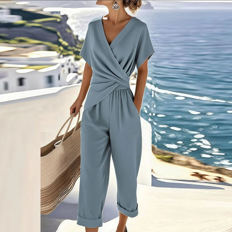 Women's Beach Summer V-Neck Wrap Blouse and Cropped Trouser Set | Two Piece