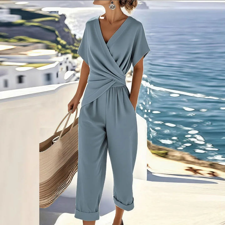 Women's Beach Summer V-Neck Wrap Blouse and Cropped Trouser Set | Two Piece