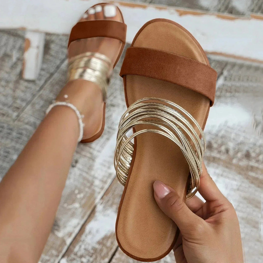 Women's Flat Sole Orthopedic Multi-Strap Slide Sandals | Slip On