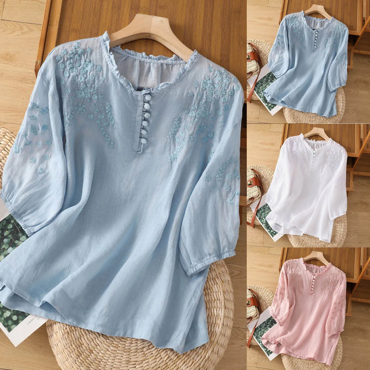Women's Floral Button-Front Neck Loose Blouse | Three Quarter Sleeves