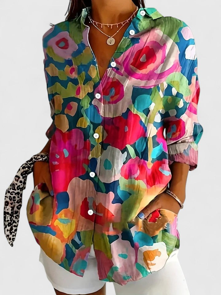 Women's Colorful Summer Collared Blouse | Long Sleeve