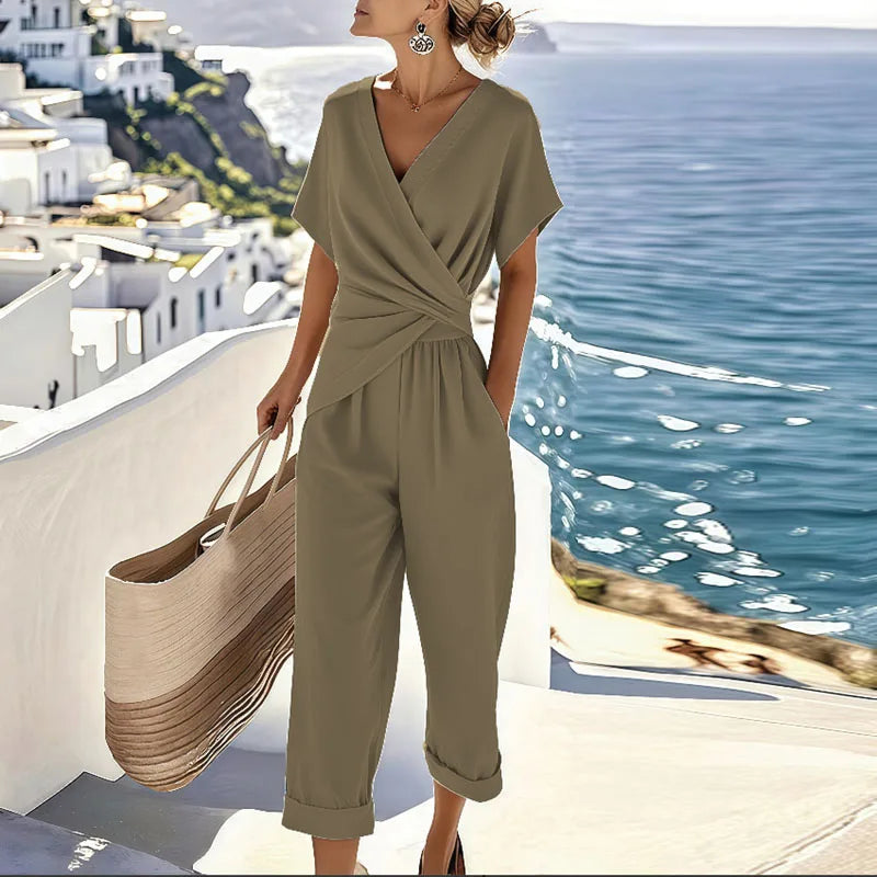 Women's Beach Summer V-Neck Wrap Blouse and Cropped Trouser Set | Two Piece