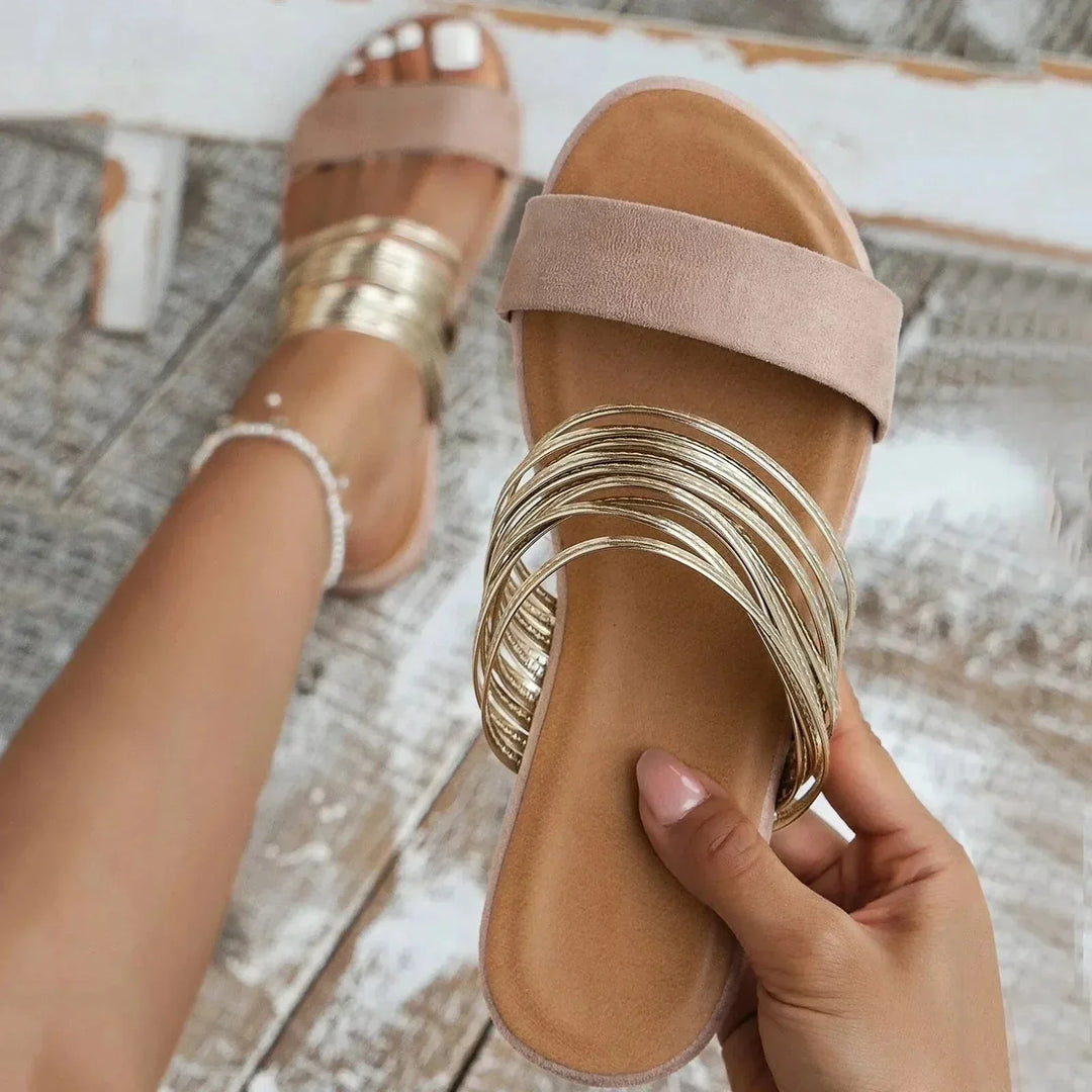 Women's Flat Sole Orthopedic Multi-Strap Slide Sandals | Slip On