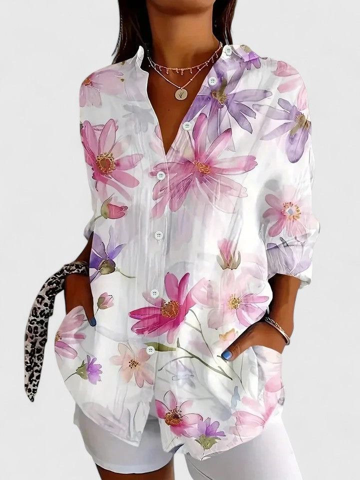 Women's Colorful Summer Collared Blouse | Long Sleeve