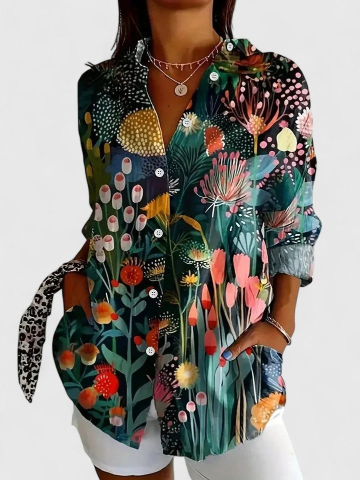 Women's Colorful Summer Collared Blouse | Long Sleeve