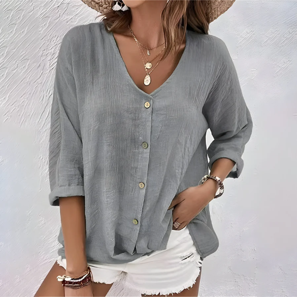 Women's Relaxed Fit V-Neck Button-Up Blouse | Long Sleeves