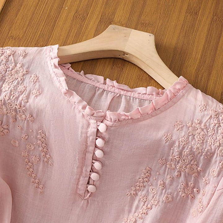 Women's Floral Button-Front Neck Loose Blouse | Three Quarter Sleeves