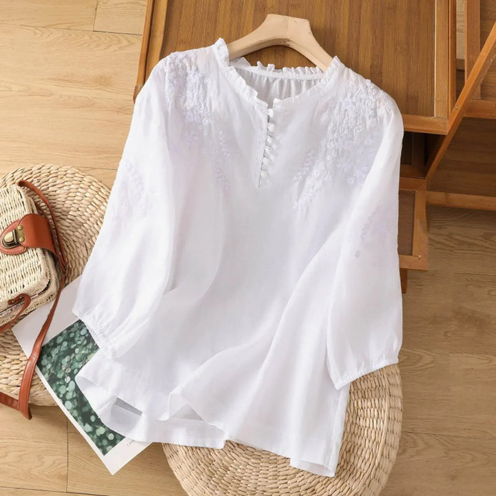 Women's Floral Button-Front Neck Loose Blouse | Three Quarter Sleeves
