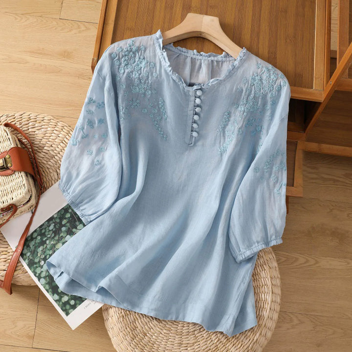 Women's Floral Button-Front Neck Loose Blouse | Three Quarter Sleeves
