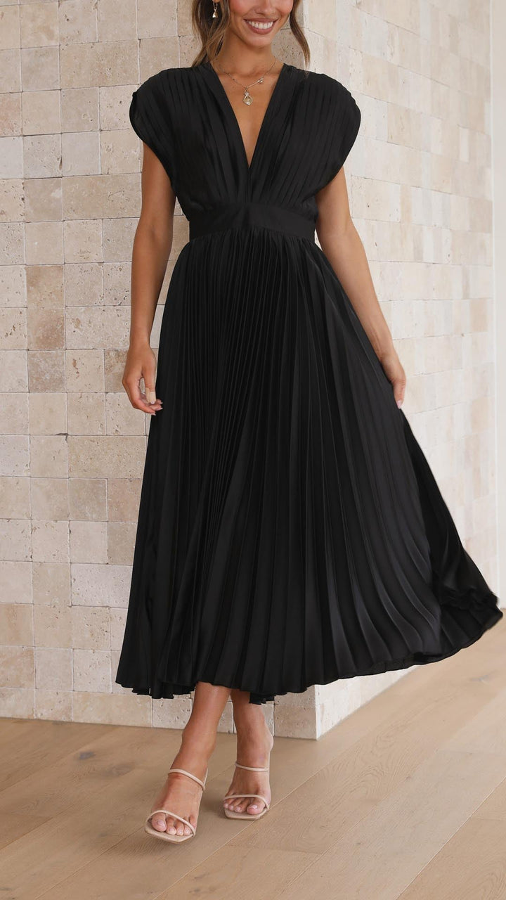 Women's Elegant Pleated V-Neck Dress | Midi