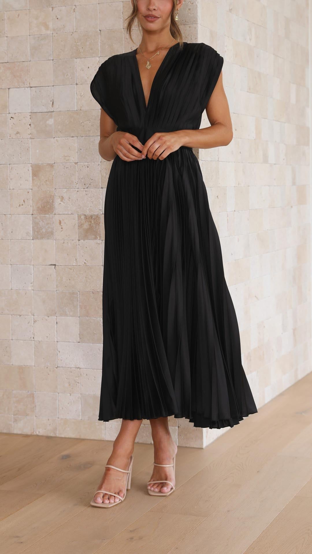Women's Elegant Pleated V-Neck Dress | Midi