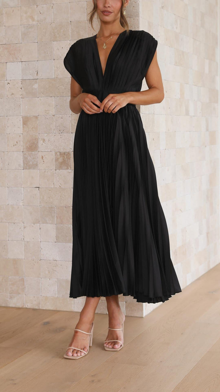 Women's Elegant Pleated V-Neck Dress | Midi