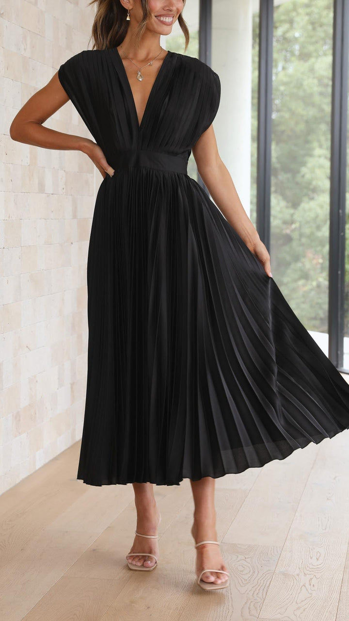 Women's Elegant Pleated V-Neck Dress | Midi