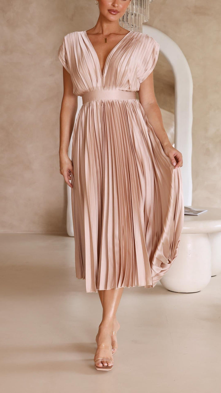 Women's Elegant Pleated V-Neck Dress | Midi