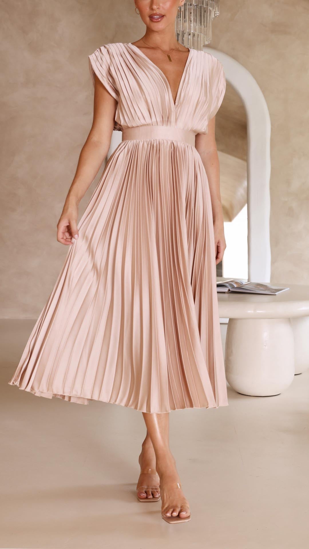 Women's Elegant Pleated V-Neck Dress | Midi