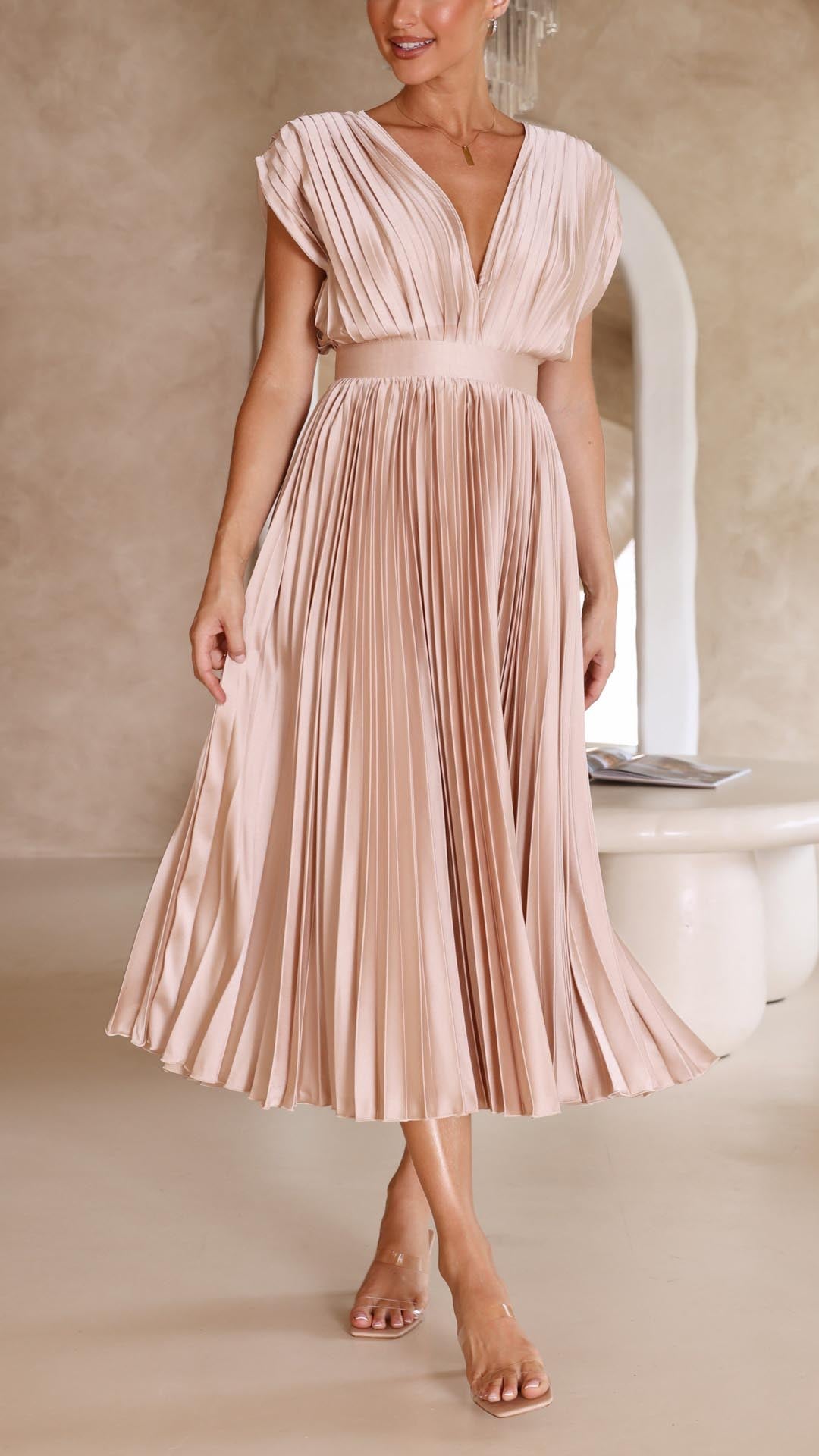 Women's Elegant Pleated V-Neck Dress | Midi
