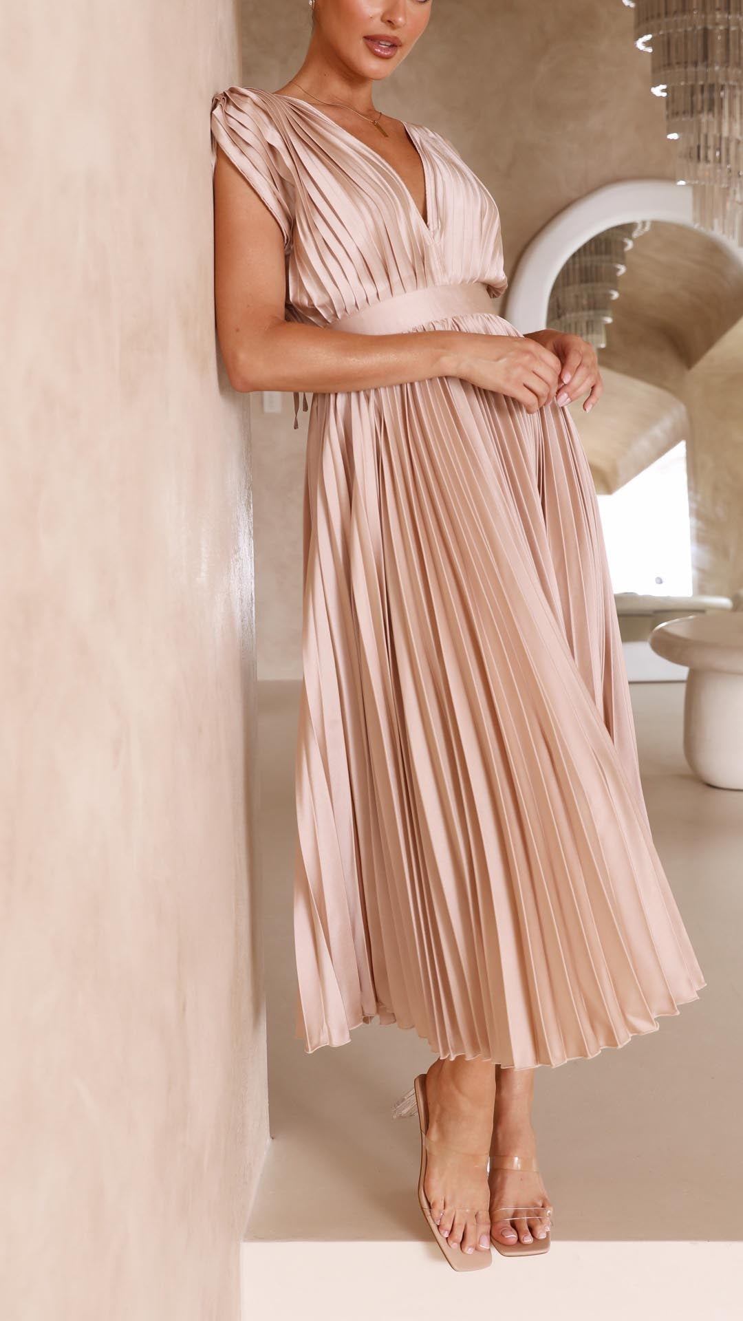 Women's Elegant Pleated V-Neck Dress | Midi