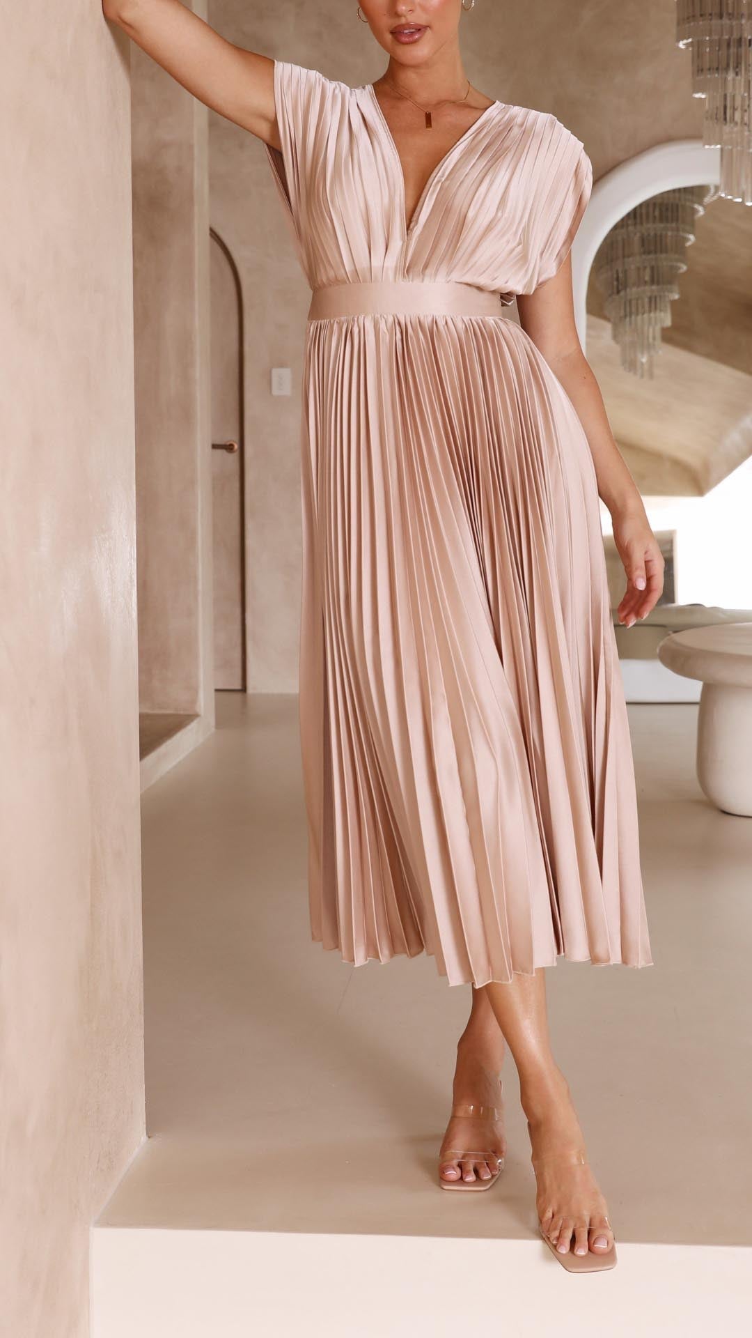 Women's Elegant Pleated V-Neck Dress | Midi