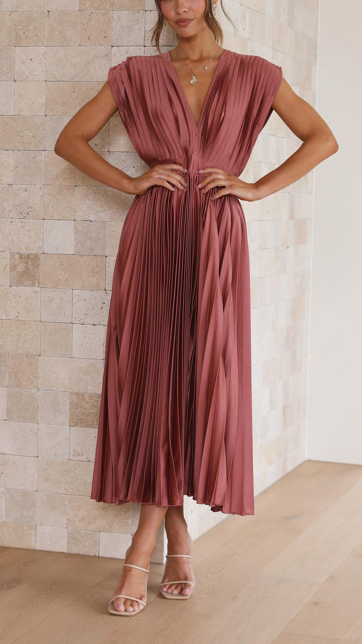 Women's Elegant Pleated V-Neck Dress | Midi