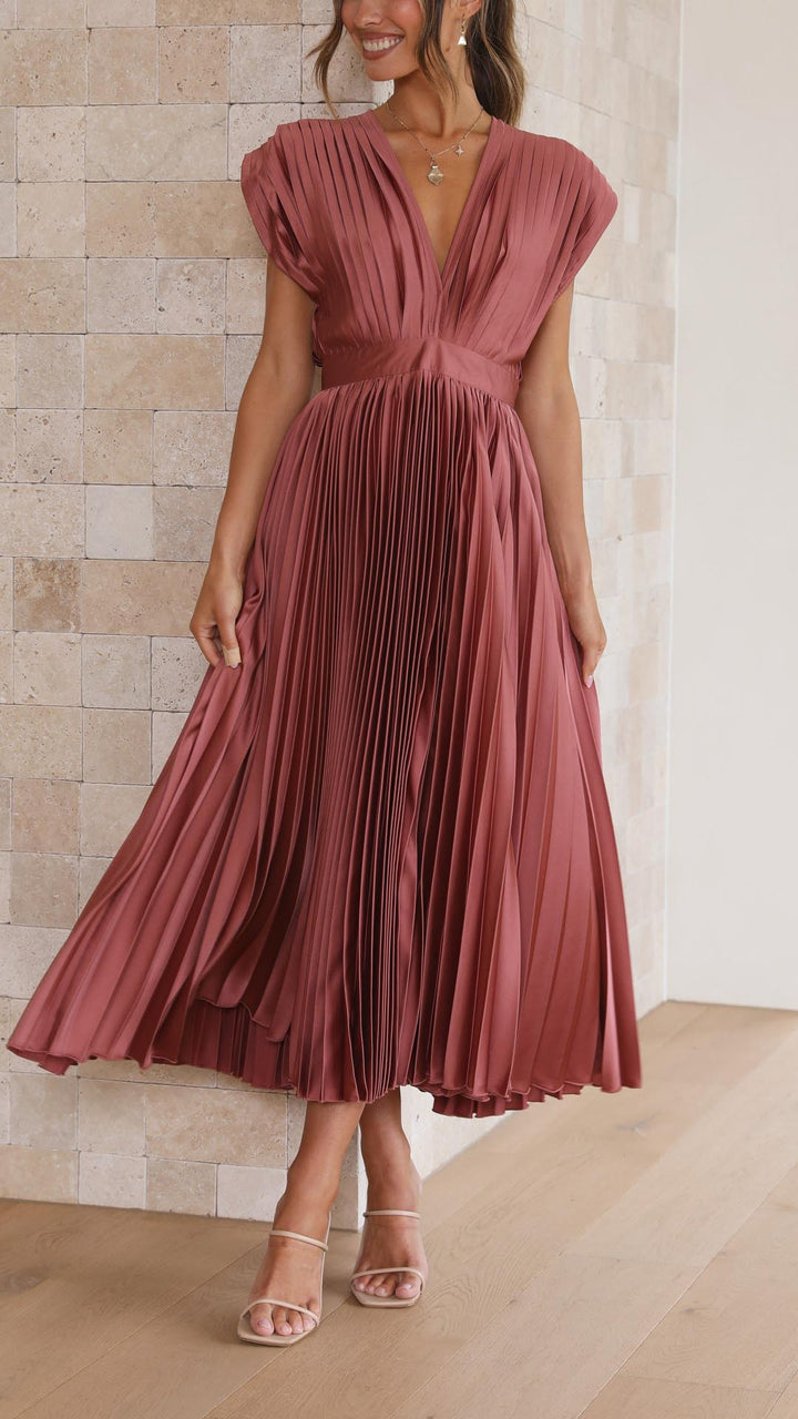 Women's Elegant Pleated V-Neck Dress | Midi