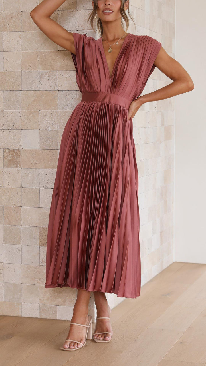 Women's Elegant Pleated V-Neck Dress | Midi