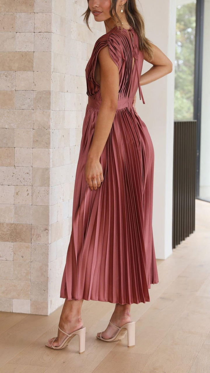 Women's Elegant Pleated V-Neck Dress | Midi