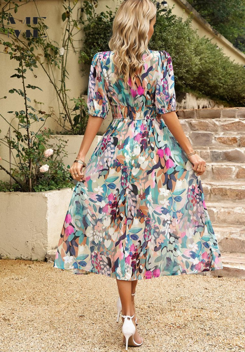 Women's Elegant Colorful Print Summer Dress | Midi